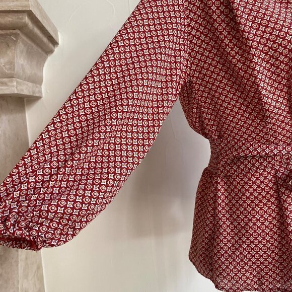 Max Studio Womens S Red Geometric Print 3/4 Balloon Sleeve Tie Front Peplum Hem - Picture 7 of 16